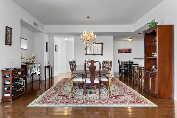 a view of a dining room with furniture