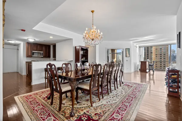 a view of a dining room with furniture