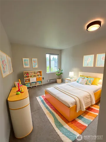 a bedroom with bed and window