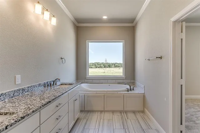 a bathroom with a granite countertop sink a large mirror and a bathtub