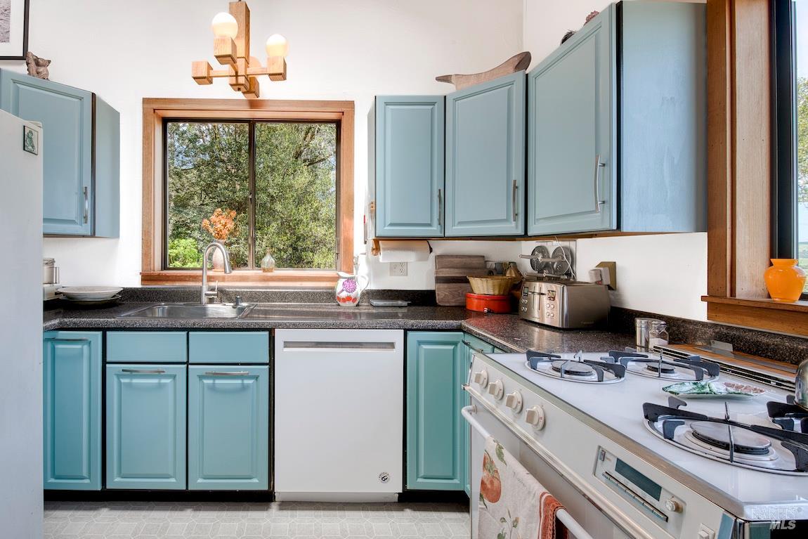 57 Laurel Street Inverness, CA 94956 - Photo 21 of 45 a kitchen with stainless steel appliances granite countertop a stove a sink and a microwave