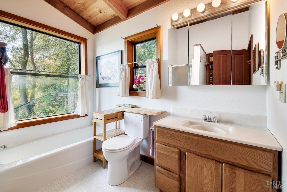 57 Laurel Street Inverness, CA 94956 - Photo 26 of 45 a bathroom with a granite countertop sink toilet and shower