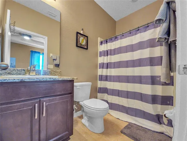 a bathroom with a sink a toilet a mirror and shower curtain