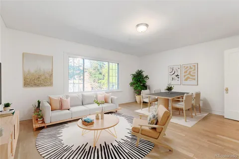 a living room with furniture a rug and a window
