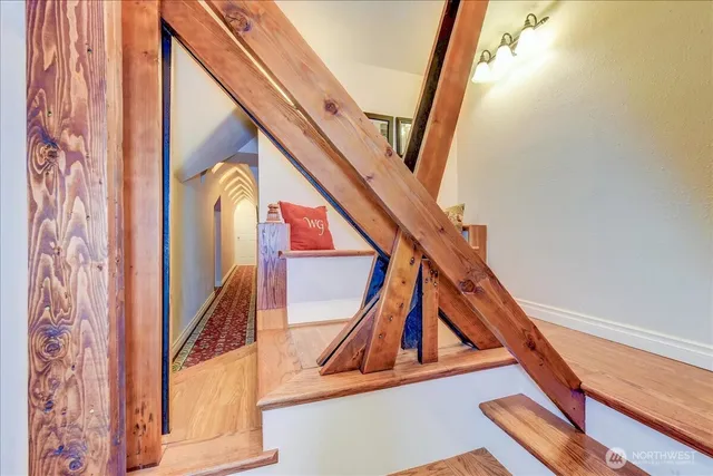 a view of stairs and furniture