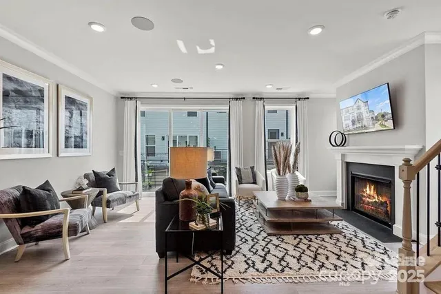 a living room with furniture a fireplace and a potted plant