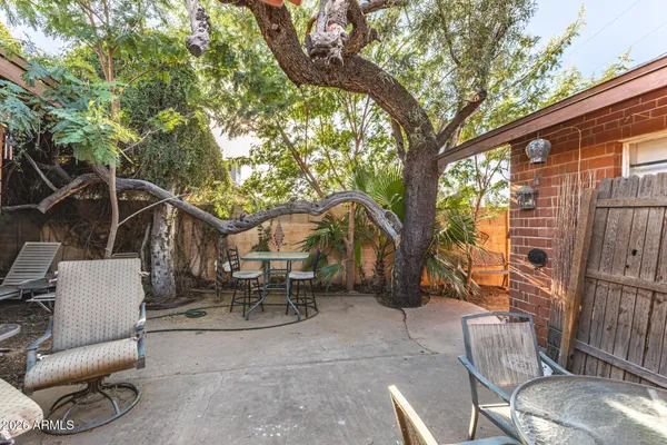a view of a chairs and table in backyard