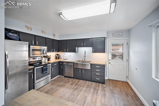 1921 Wooten Road Colorado Springs, CO 80915 - Photo 28 of 49 Kitchen featuring appliances with stainless steel finishes, tasteful backsplash, light wood-type flooring, and dark cabinetry
