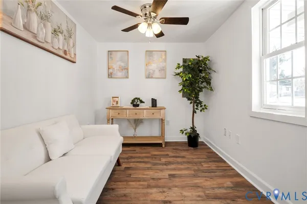 a living room with furniture and a potted plant