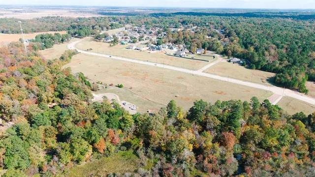 an aerial view of a house with a yard and trees
