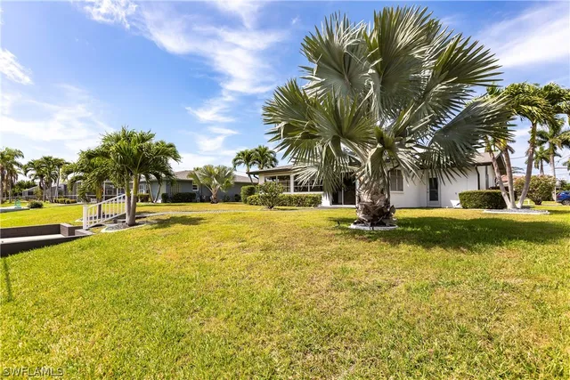 a view of swimming pool with palm trees