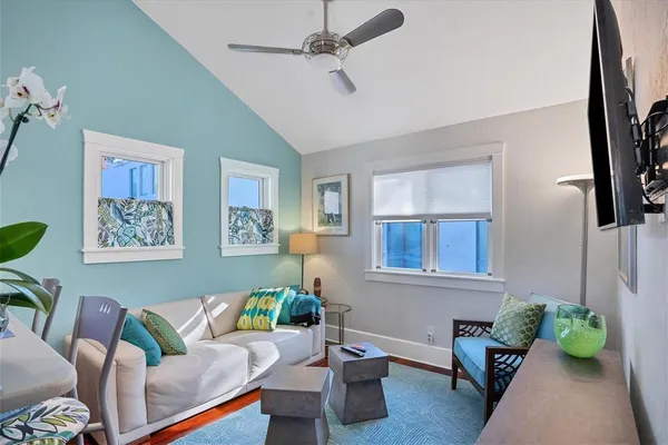 a living room with furniture and a potted plant