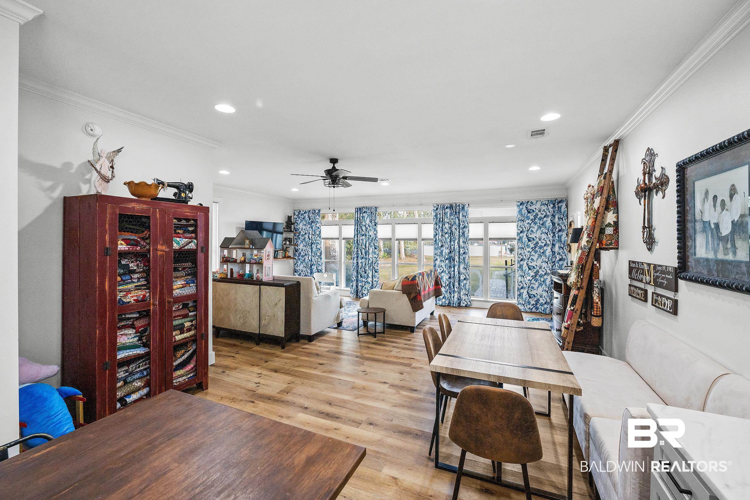 8490 Bay View Drive Foley, AL 36535 - Photo 62 of 67 Dining space with ceiling fan, light wood-type flooring, ornamental molding, and recessed lighting