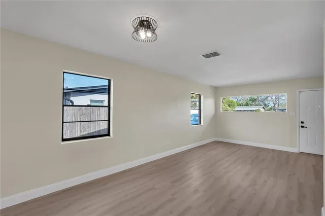 an empty room with a workspace