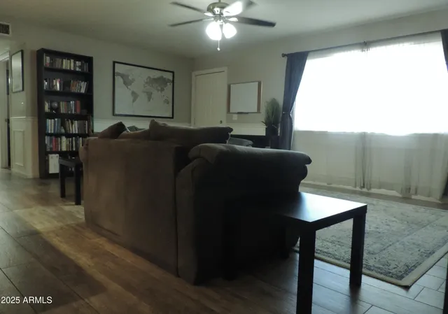 a view of a dining room with furniture