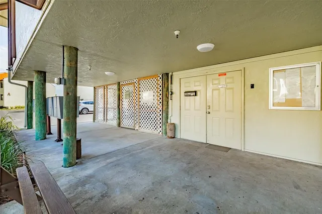 an outdoor space with furniture