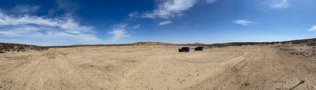a view of a dry yard with mountains in the background