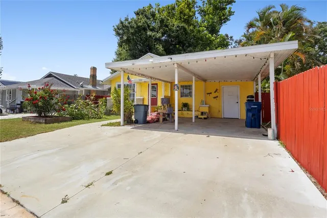 an outdoor space with furniture