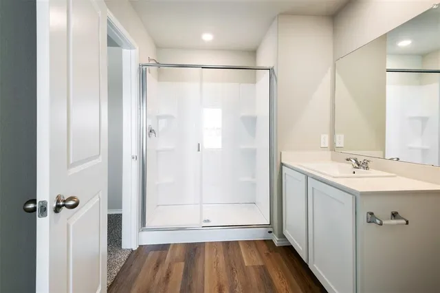a bathroom with a shower sink and mirror