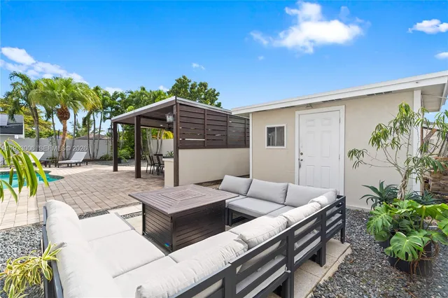 an aerial view of a building with outdoor space