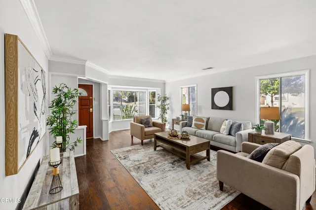 a living room with furniture potted plant and a window