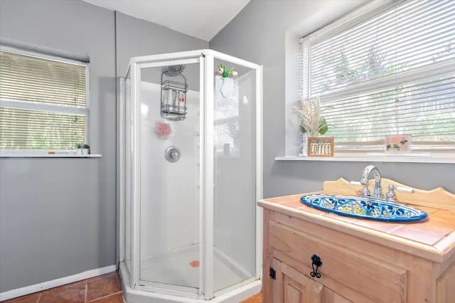 a bathroom with a sink and a shower