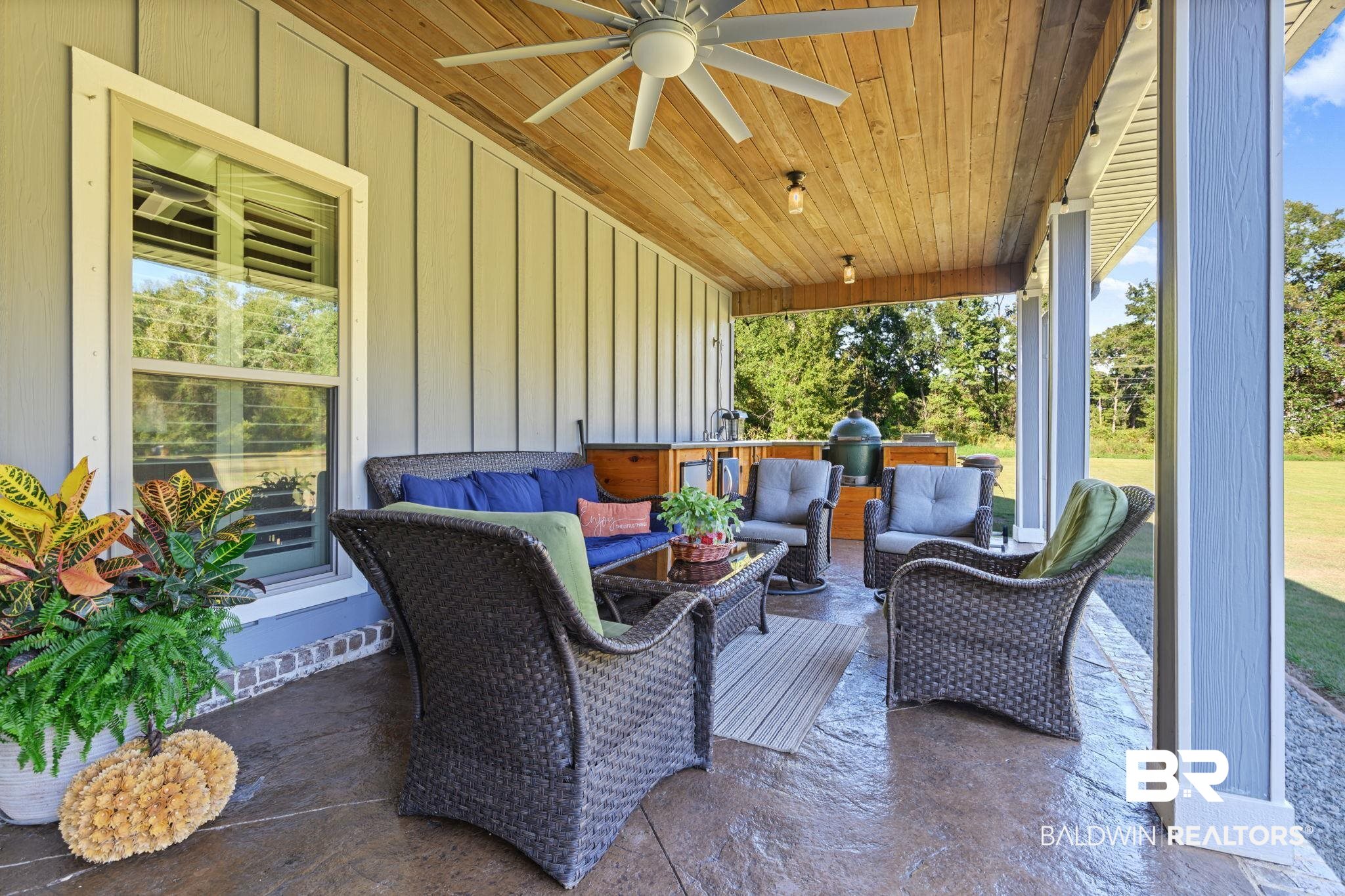 52579 Stockton Cemetery Road Stockton, AL 36507 - Photo 42 of 66 Wooden deck featuring a ceiling fan, outdoor lounge area, a patio area, and a grill