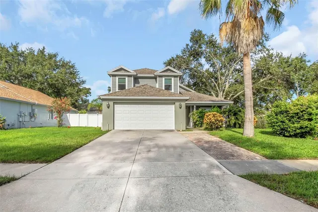 a view of a backyard with large trees