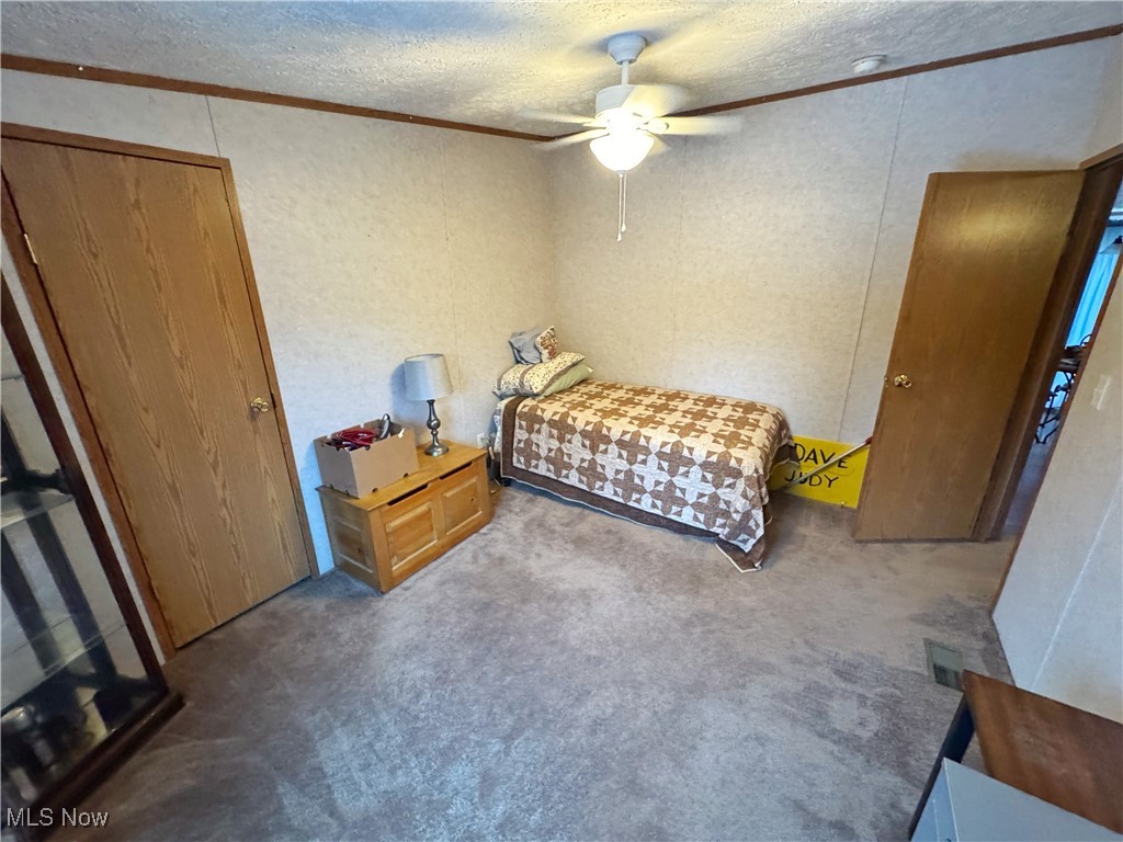 72117 Barton Road Bridgeport, OH 43912 - Photo 11 of 42 Carpeted bedroom with a textured ceiling, ceiling fan, and crown molding