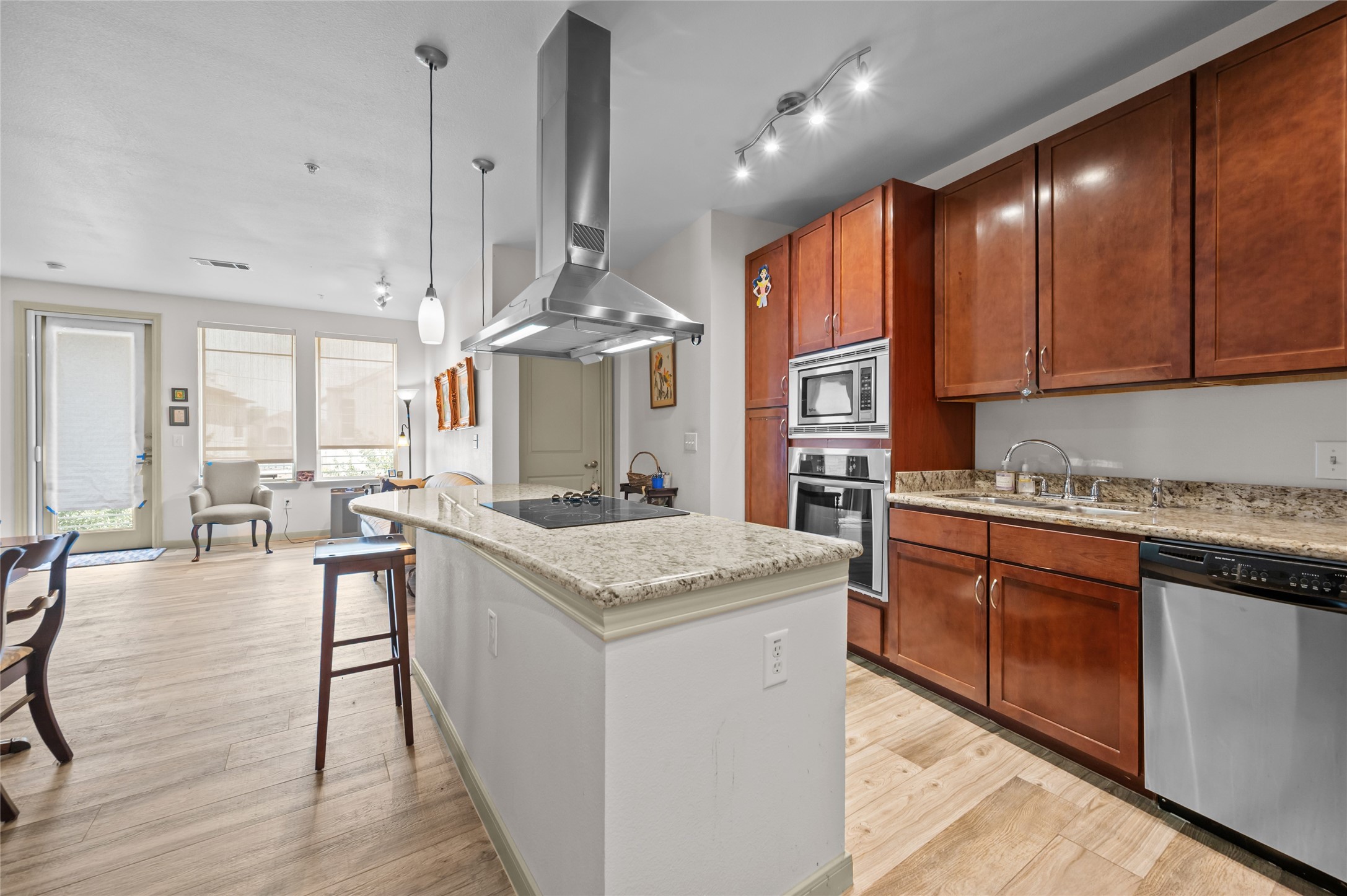 505 Jackson Hill Street, Unit 206 Houston, TX 77007 - Photo 9 of 35 a kitchen with stainless steel appliances granite countertop wooden cabinets a sink a stove and a wooden floors