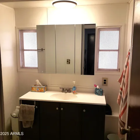 a bathroom with a sink and a mirror