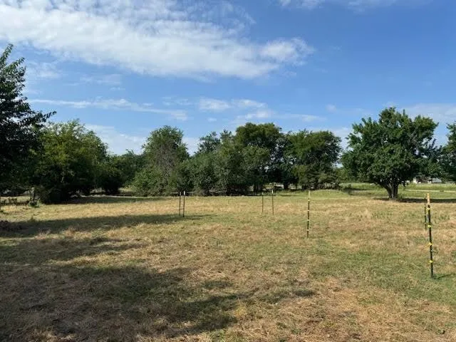 a view of a field with trees in the background