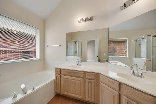 a bathroom with a sink double vanity granite tub and a mirror