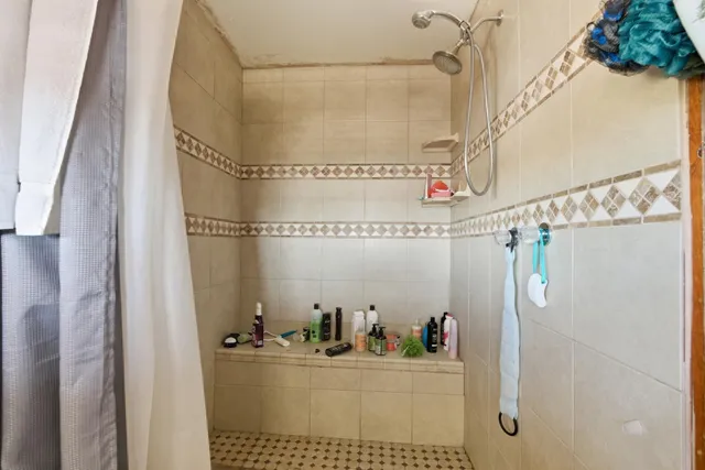 an aerial view of a house with a yard and potted plants