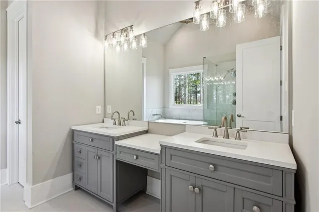a bathroom with a double vanity sink and a mirror
