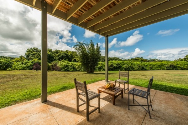 7561 Koolau Road, Unit B Kilauea, HI 96754 - Photo 16 of 25 a view of a patio with a table chairs and a backyard