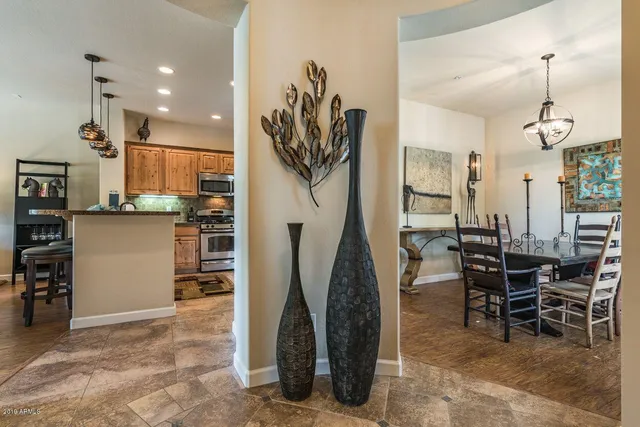 a view of a dining room with furniture