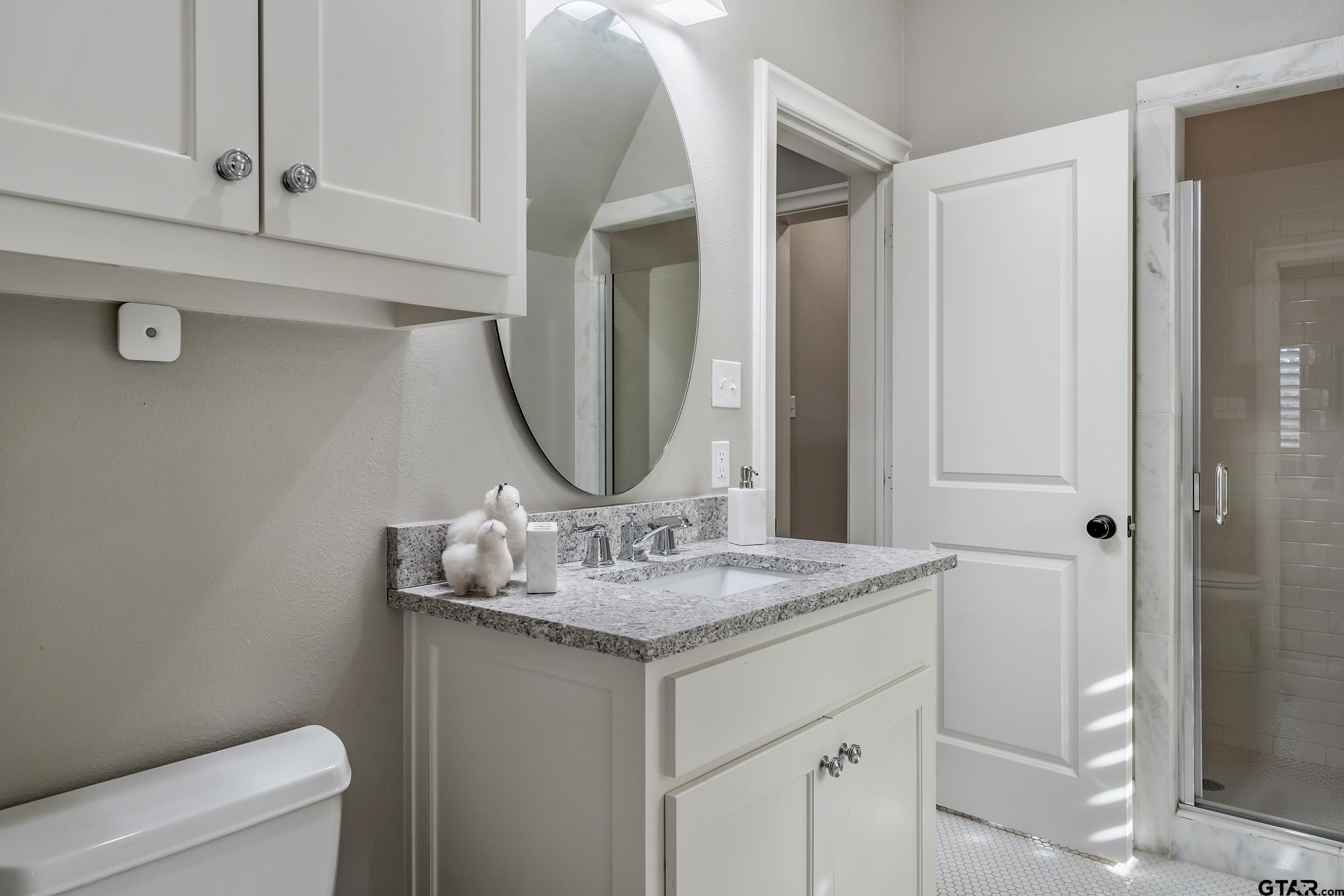 4535 Triggs Trace Tyler, TX 75709 - Photo 36 of 46 a bathroom with a granite countertop sink a toilet and a mirror