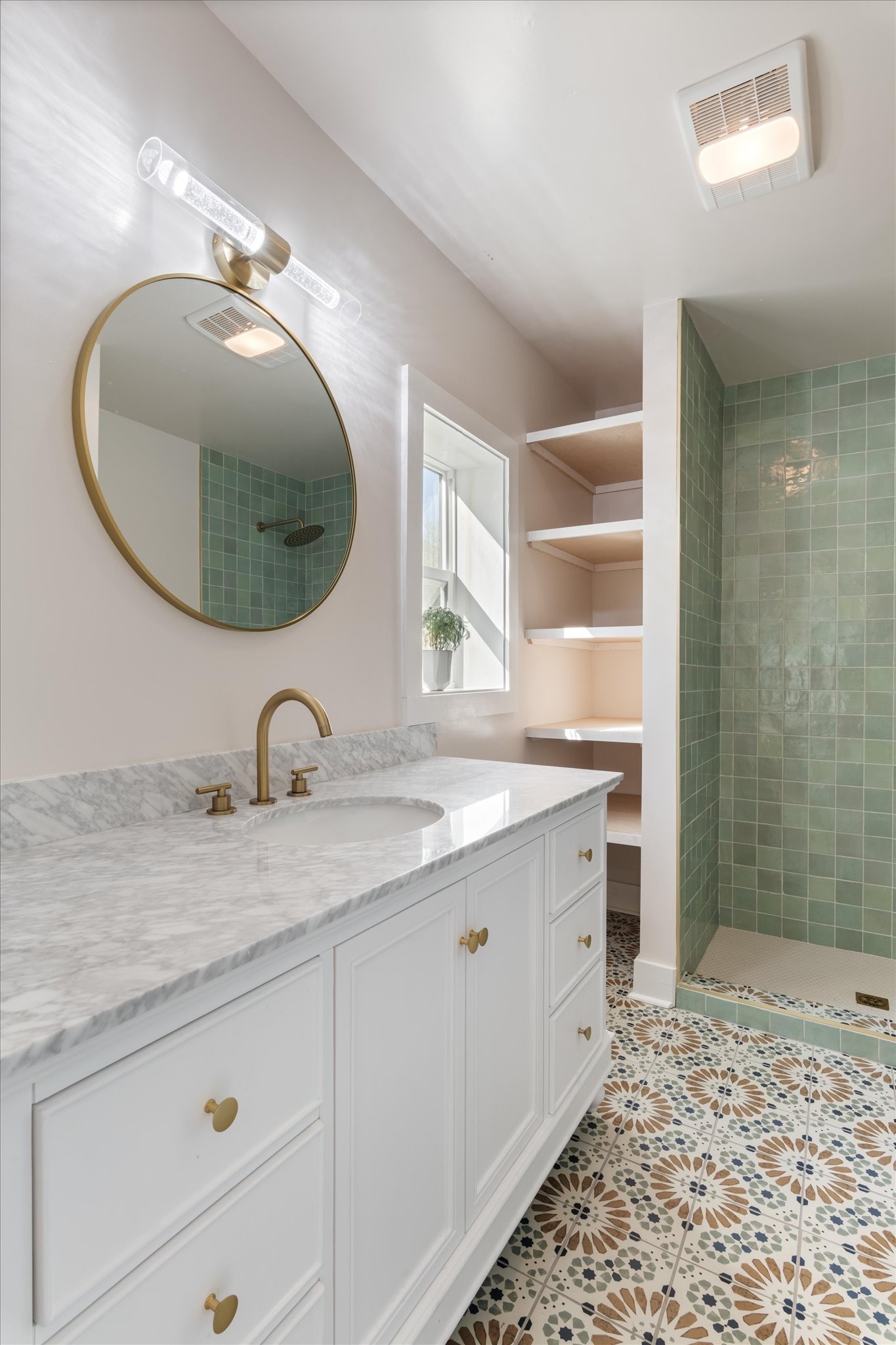 8315 West Sheepneck Road Mount Pleasant, TN 38474 - Photo 15 of 24 a bathroom with a granite countertop sink a mirror and shower