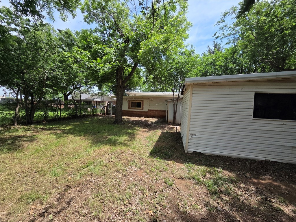a view of a backyard with a tree