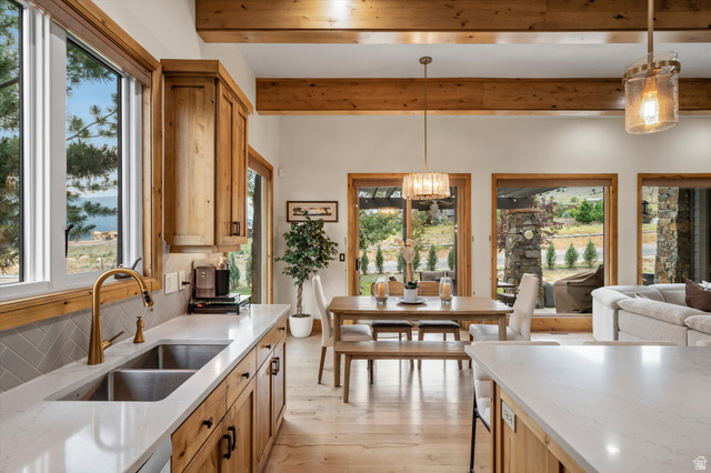 4892 Eagle Rdg Drive Eden, UT 84310 - Photo 12 of 39 Gourmet kitchen featuring a double basin stainless steel sink, brass faucet, light wood-finish cabinetry, and white countertops