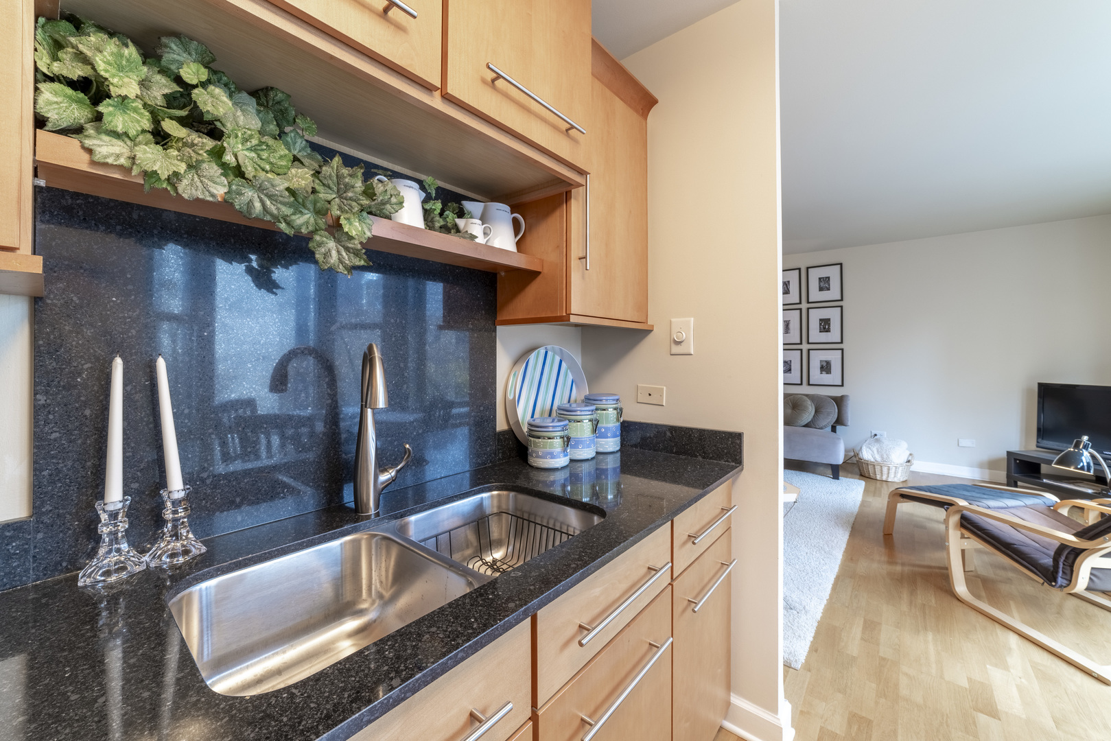 1340 North Dearborn Street, Unit 5C Chicago, IL 60610 - Photo 20 of 44 a kitchen with stainless steel appliances granite countertop a sink a stove and a wooden floor