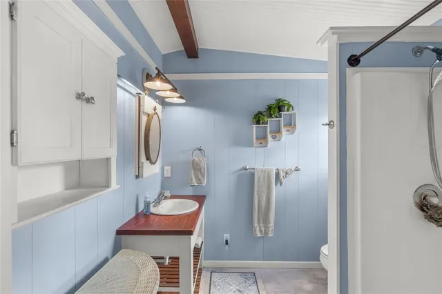 a bathroom with a toilet sink vanity and mirror