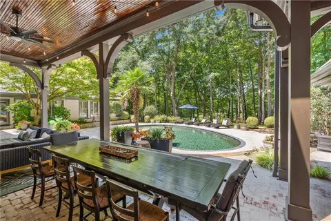 a view of a yard with plants and large trees
