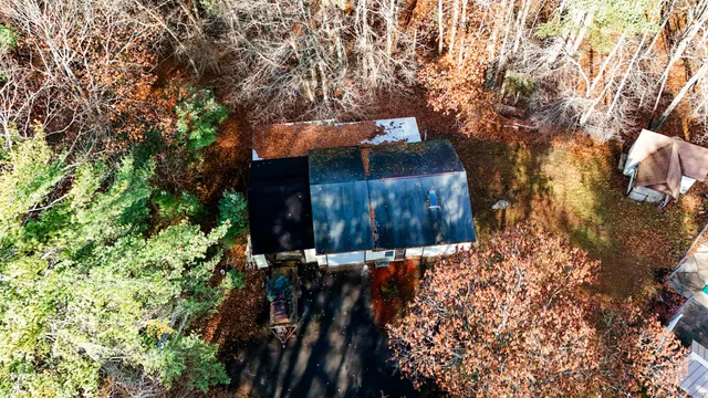 a view of a wooden house with a tree