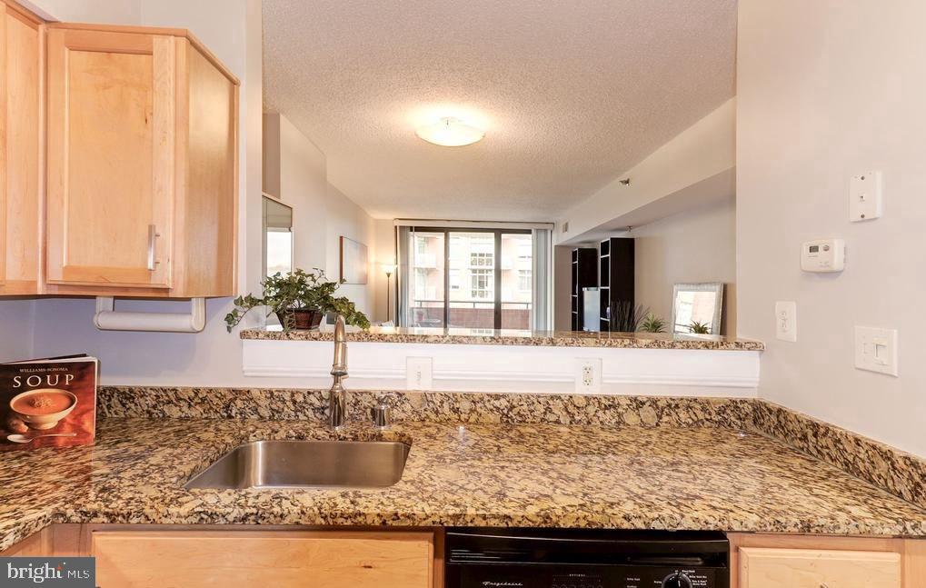 1001 North Randolph Street, Unit 406 Arlington, VA 22201 - Photo 5 of 23 a kitchen with granite countertop sink and cabinets