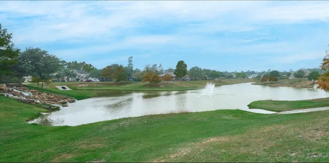 a view of a lake with houses in the back