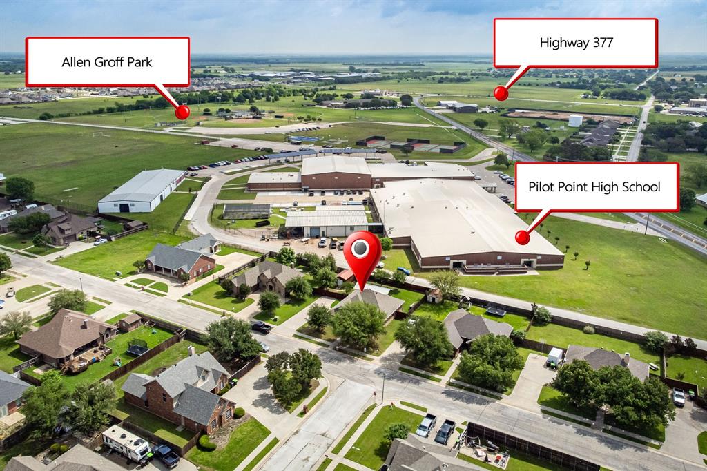 1401 Hickory Drive Pilot Point, TX 76258 - Photo 27 of 34 Aerial perspective showcasing the property's proximity to Pilot Point High School, Allen Groff Park, and Highway 377