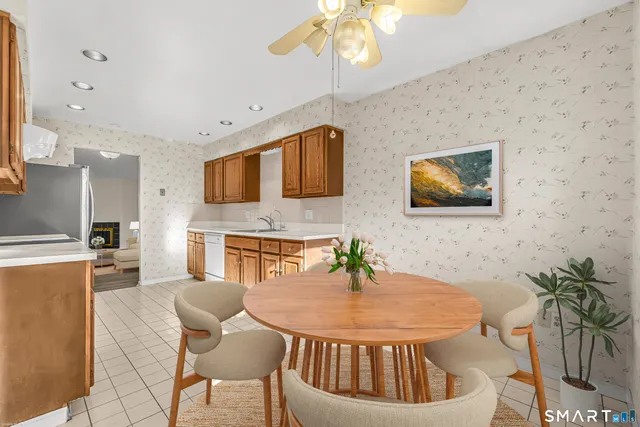 a view of a dining room with furniture