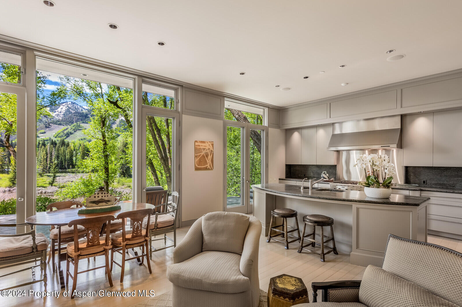 844 Roaring Fork Road Aspen, CO 81611 - Photo 20 of 39 a kitchen with stainless steel appliances granite countertop sink stove top oven table and chairs